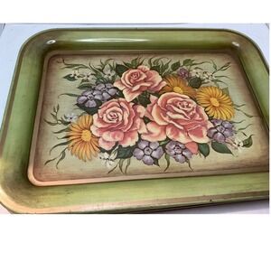 Vintage Metal Set‎ Of 6 Serving Trays Floral Rose Daisy Green Large 17in Retro